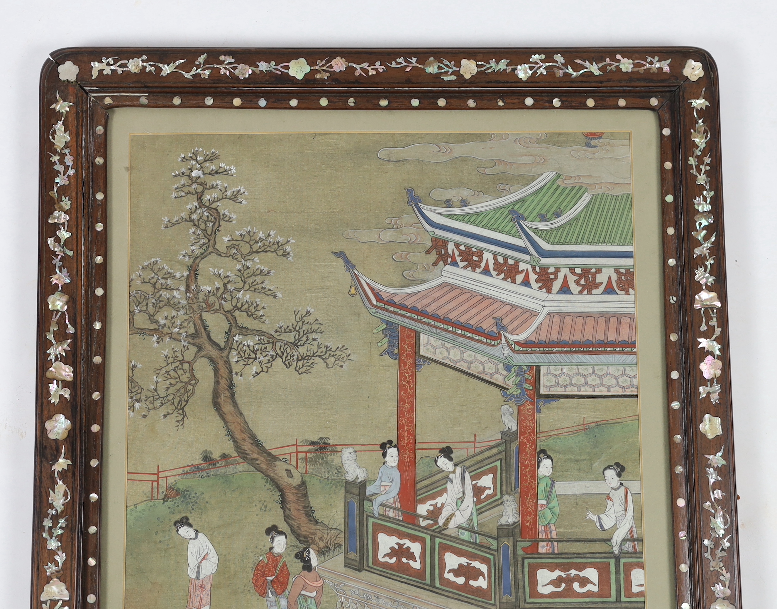 A Chinese painting on silk of ladies in a pavilion garden, c.1800